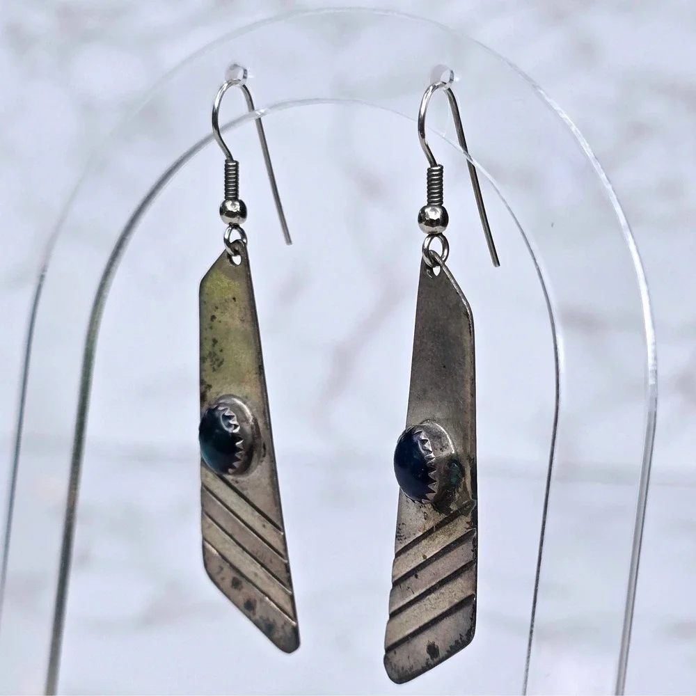 Vintage Gary Custer GSC Navajo Sterling Silver Opal Dangle Earrings Signed 8.3g